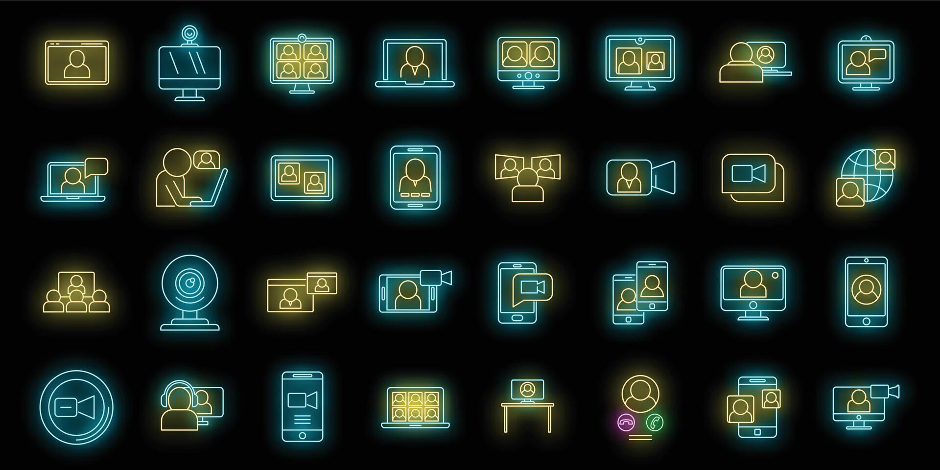vidéo appel app Icônes ensemble vecteur néon