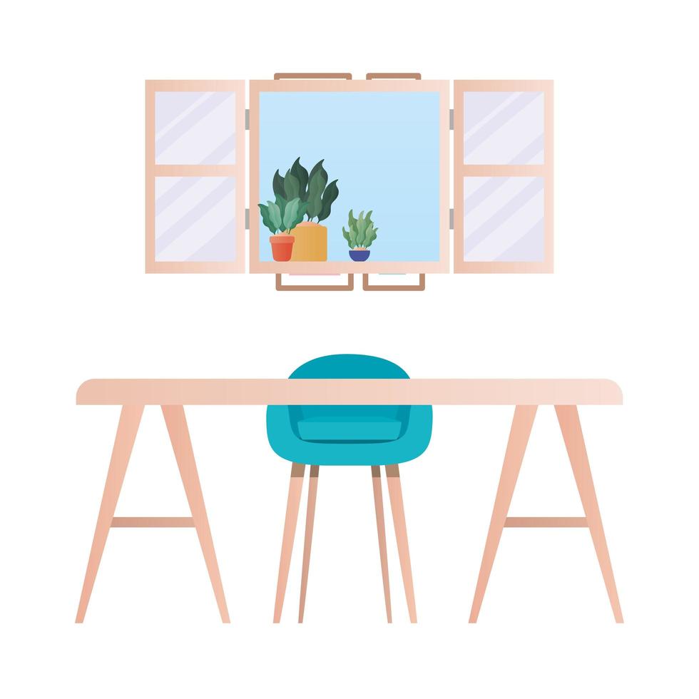 bureau avec chaise devant la fenêtre avec dessin vectoriel de plantes