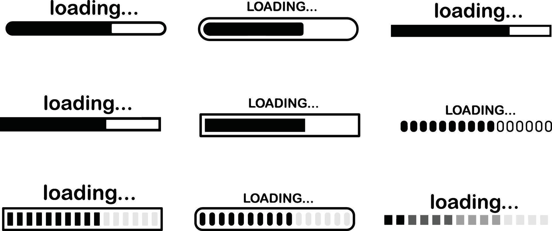 charge indicateur. chargement statut bar, Télécharger le progrès et ligne télécharger ou fichier transfert attendre bars vecteur symboles ensemble. ligne visualisation éléments collection