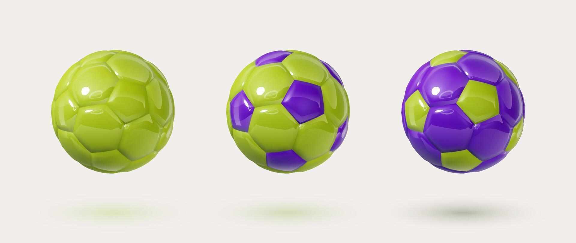 vert et violet, violet brillant Football des balles isolé conception éléments sur blanc Contexte. coloré football des balles collection. vecteur 3d conception éléments. des sports proche en haut Icônes