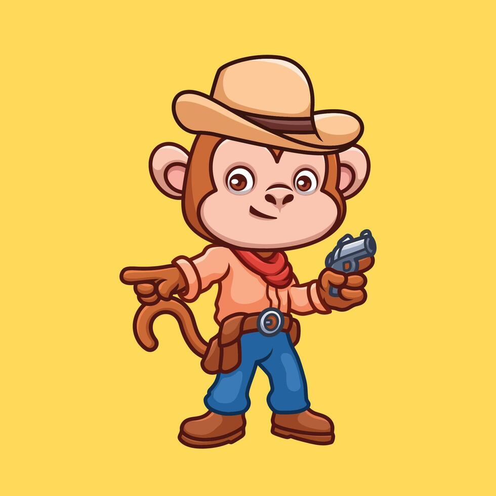 singe cow-boy mignonne dessin animé illustration vecteur