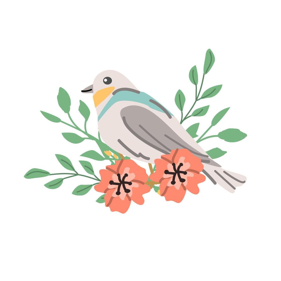 printemps ou été oiseau avec floral éléments conception pour salutation carte. vecteur illustration isolé. pouvez utilisé pour fond d'écran, affiche, impression conception pour carnet couverture, vêtements.