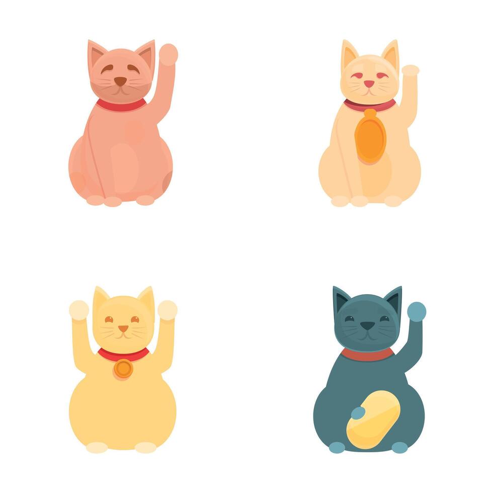 chanceux chat Icônes ensemble dessin animé vecteur. Japonais chat maneki Neko avec élevé patte vecteur