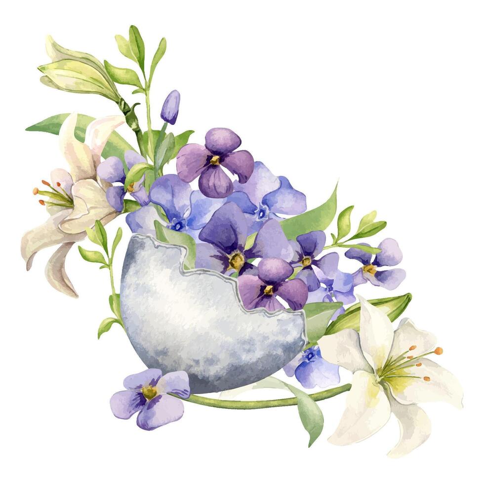 Oeuf coquille avec printemps fleurs. Pâques aquarelle illustration isolé sur blanc Contexte. Pâques bouquet avec coloré les plantes fleurs de lys main dessiné. peint printemps bleu et blanc fleurs. pour décoration. vecteur