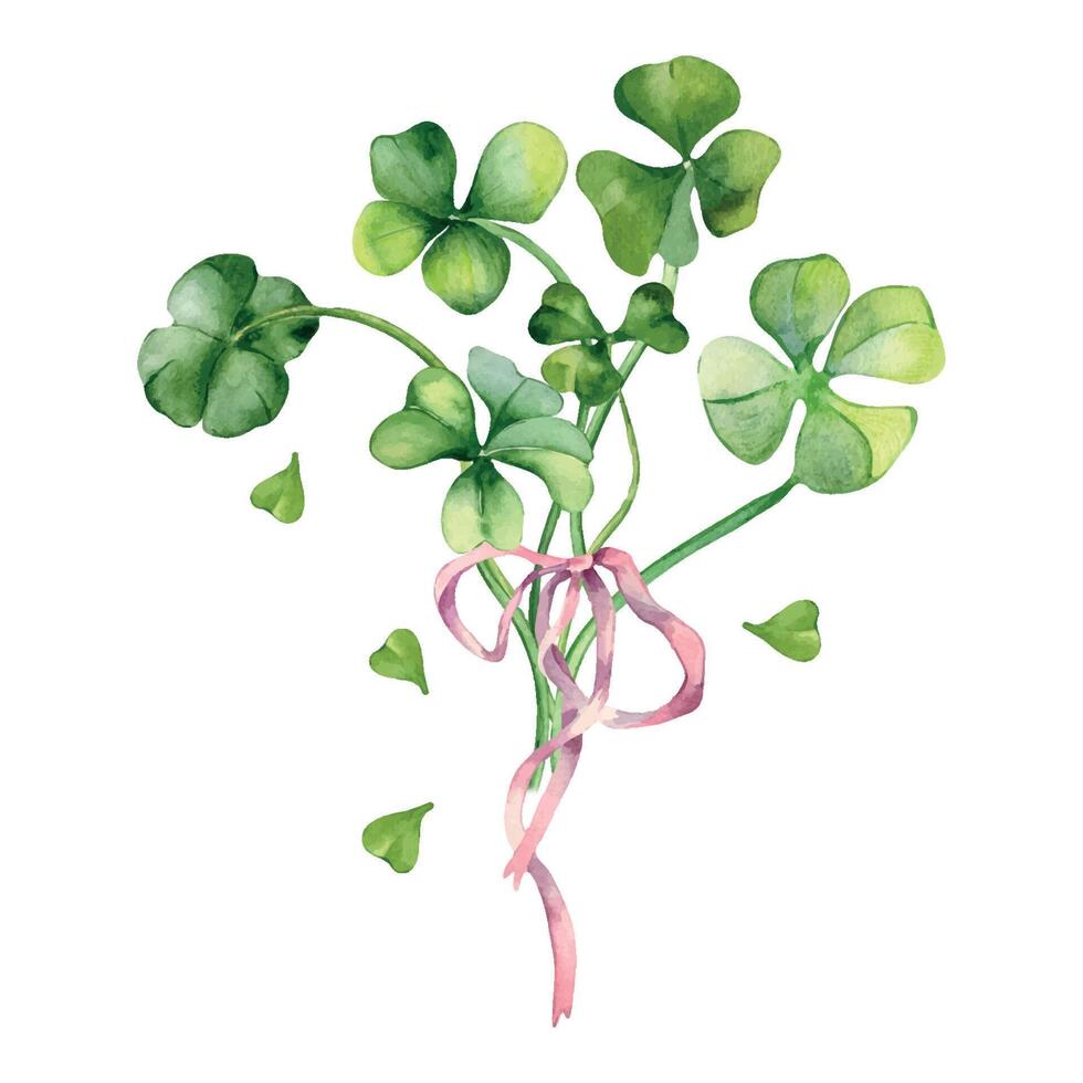 trèfle et trèfle bouquet avec ruban aquarelle illustration isolé sur blanche. main peint vert quatre feuilles. main tiré irlandais chanceux symbole. conception élément pour saint patrick journée carte postale, bannière vecteur