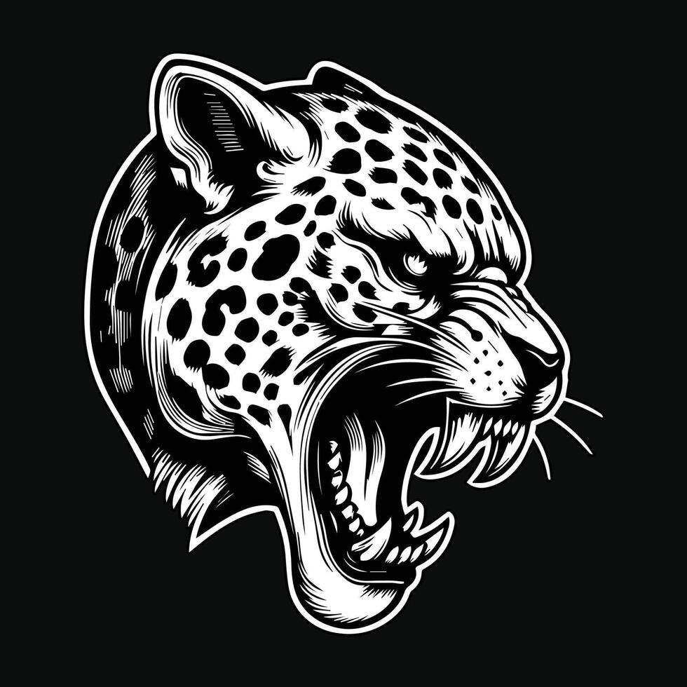 foncé art en colère crâne bête léopard tête noir et blanc illustration vecteur