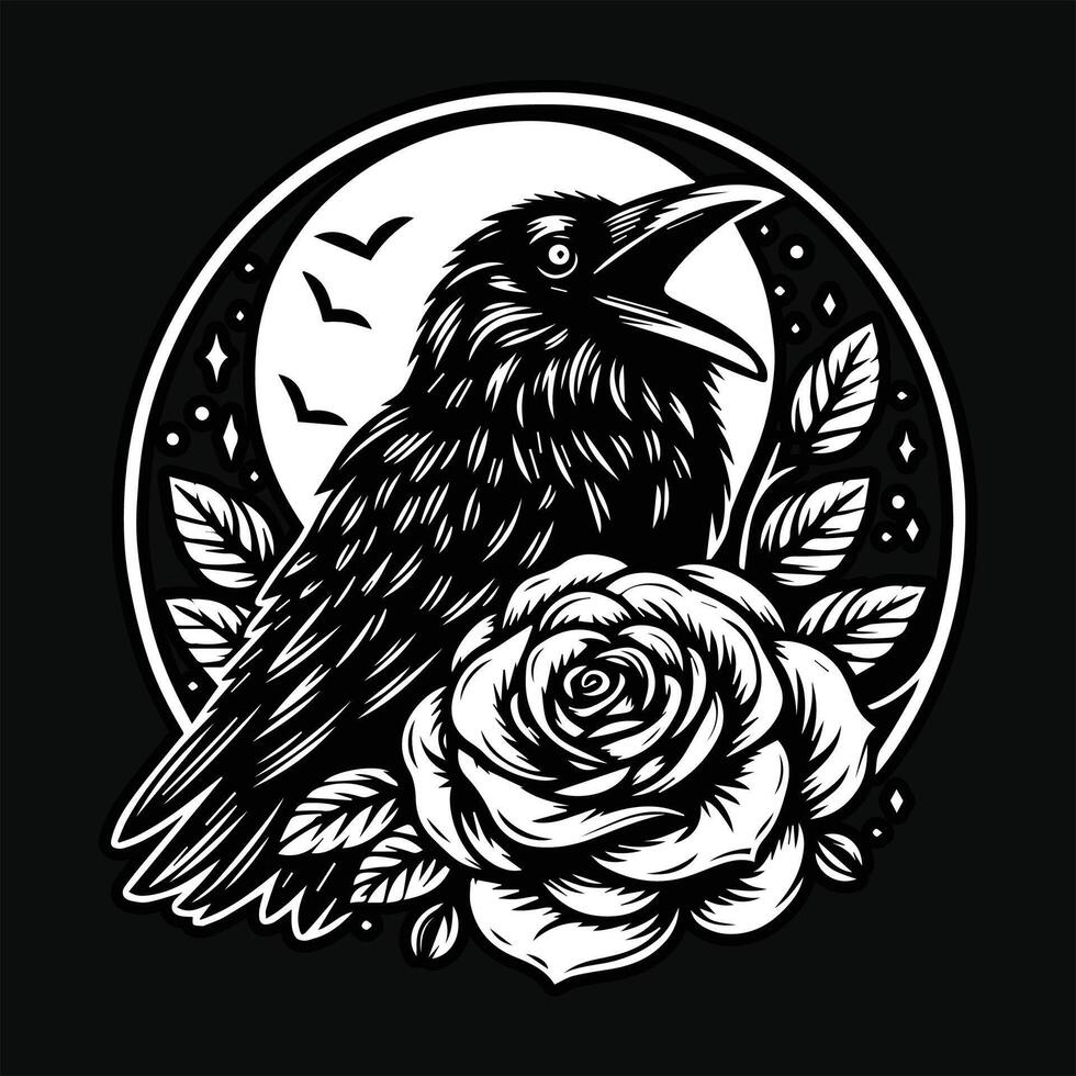 corbeau tête avec Rose fleur grunge ancien style main tiré illustration noir et blanc vecteur