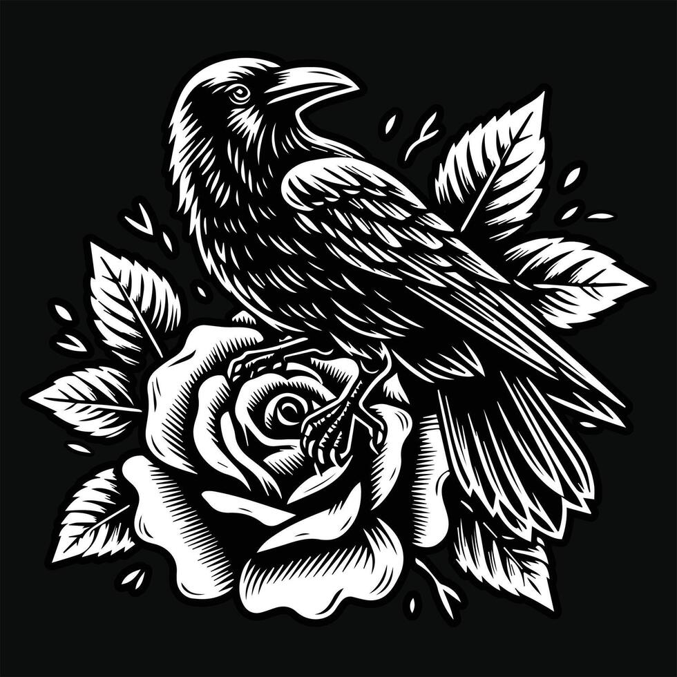 corbeau tête avec Rose fleur grunge ancien style main tiré illustration noir et blanc vecteur