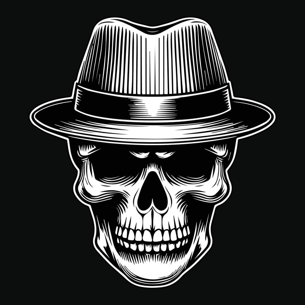 foncé art pirates crâne tête avec chapeau pirates noir et blanc illustration vecteur