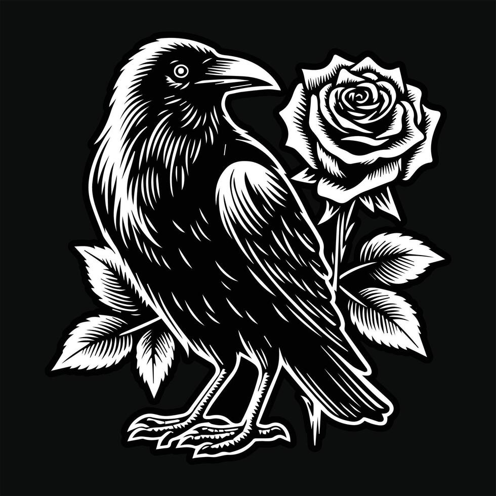 corbeau tête avec Rose fleur grunge ancien style main tiré illustration noir et blanc vecteur