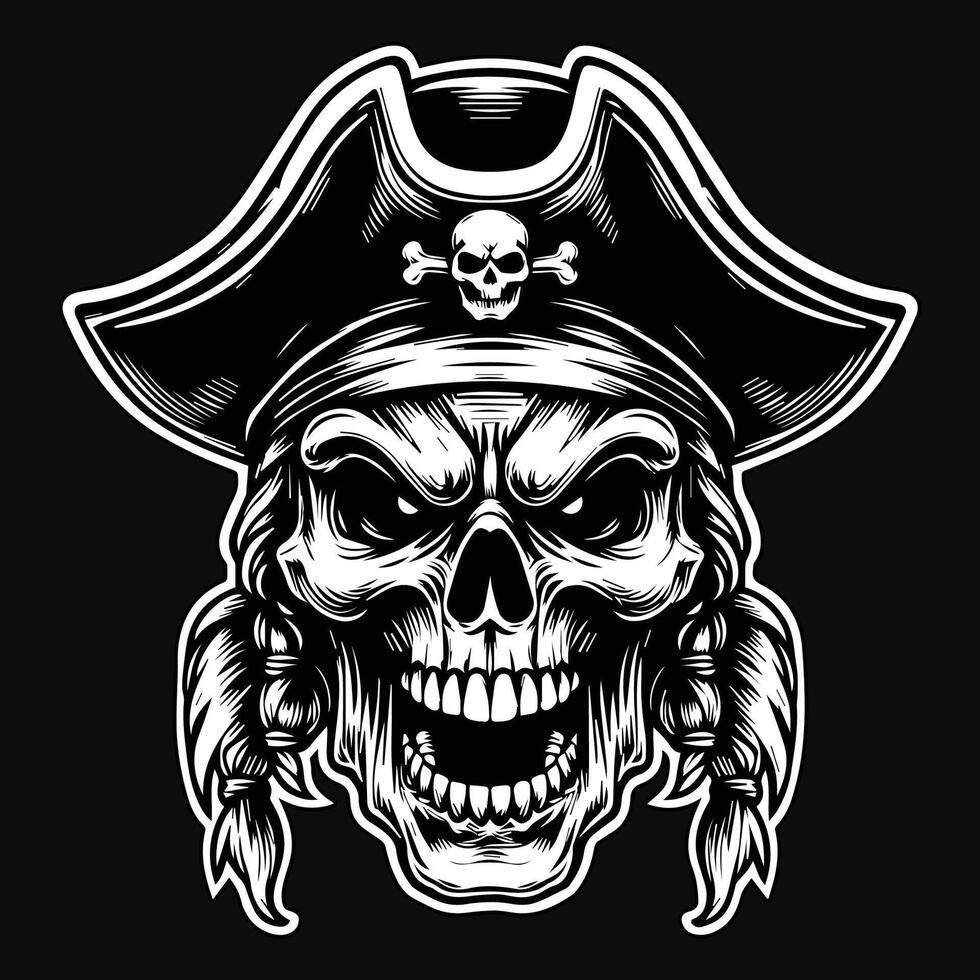 foncé art pirates crâne tête avec chapeau pirates noir et blanc illustration vecteur