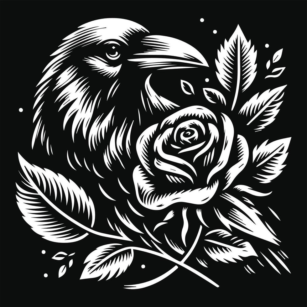 corbeau tête avec Rose fleur grunge ancien style main tiré illustration noir et blanc vecteur