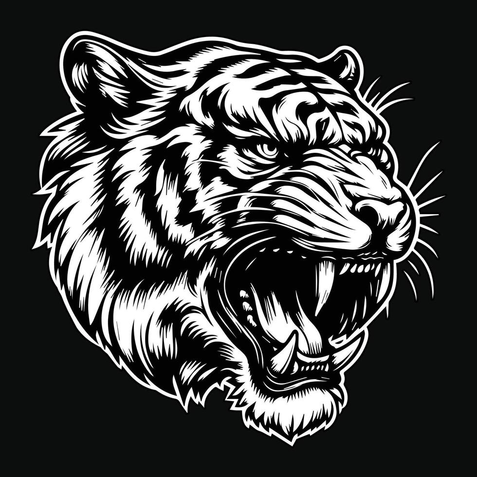 foncé art en colère bête tigre tête noir et blanc illustration vecteur