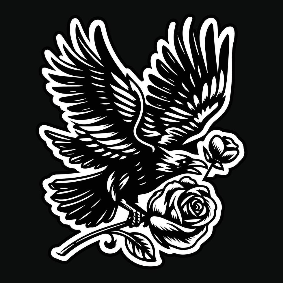 corbeau supporter avec Rose fleur grunge ancien style main tiré illustration noir et blanc vecteur