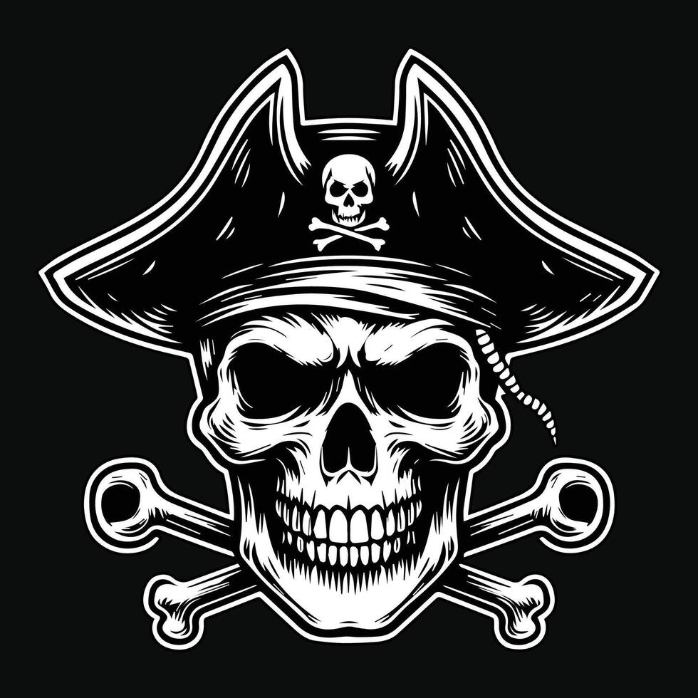 foncé art pirates crâne tête avec chapeau pirates noir et blanc illustration vecteur