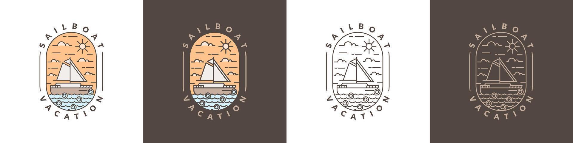 illustration de voilier et océan monoline ou ligne art style vecteur