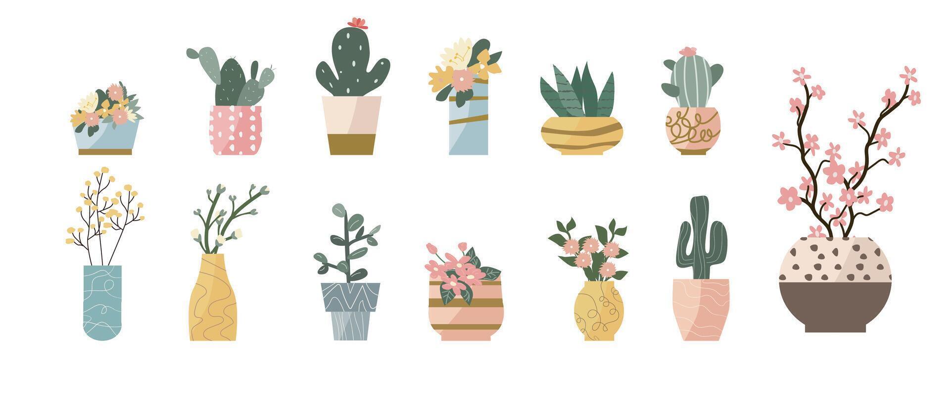 plantes d'intérieur et fleurs dans des pots et des vases - ensemble de vecteur illustrations. succulentes, cactus, fleurs et printemps branches et banch pouvez utilisé pour salutation carte, bannières, autocollants.