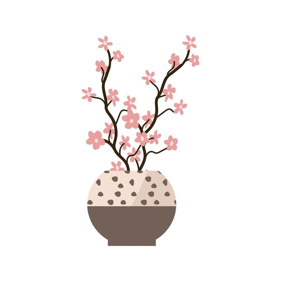 main tiré printemps branche Cerise Sakura dans décoratif vase. vecteur illustration pour intérieur affiche, bannière et salutation carte. pouvez utilisation pour décoration autocollant pour carnet couverture, fond d'écran.