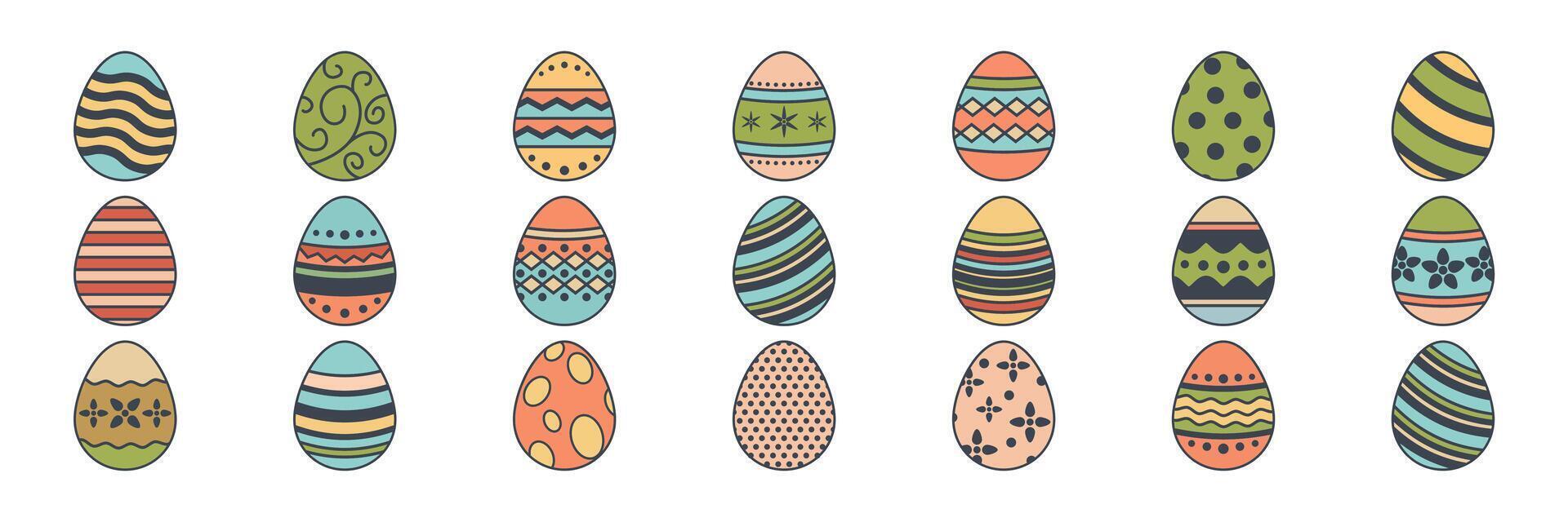 Pâques œufs, Pâques journée Festival icône ensemble, ostern Oeuf Icônes avec décoration motifs symboles collection, logo isolé vecteur illustration