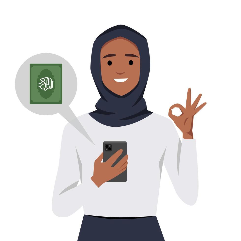 musulman femme en portant téléphone et donnant D'accord signe car elle a coran app dans sa mobile téléphone. vecteur