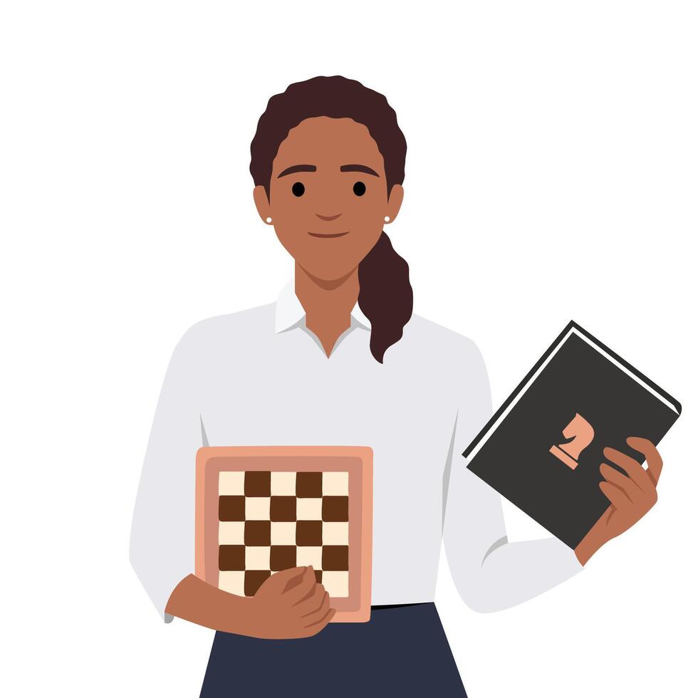 Jeune noir femme en portant échecs planche et une livre à propos échecs. apprentissage à propos échecs pour compétition vecteur