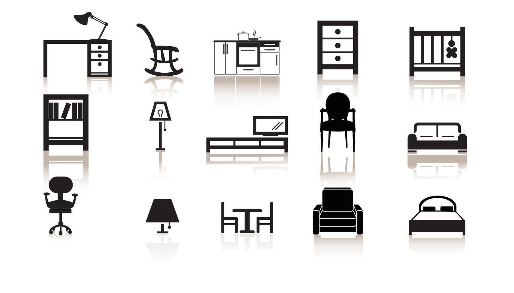 meubles noir icône vecteur ensemble. lit, étude tableau, chaise, à manger tableau, armoire, la télé tableau. collection de meubles illustration symboles.