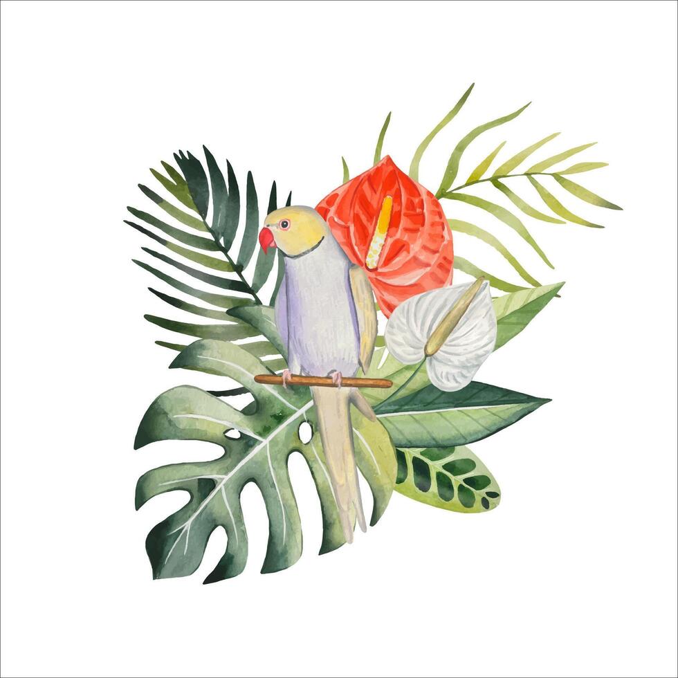 main tiré perroquet avec tropical feuilles, fleurs aquarelle vecteur