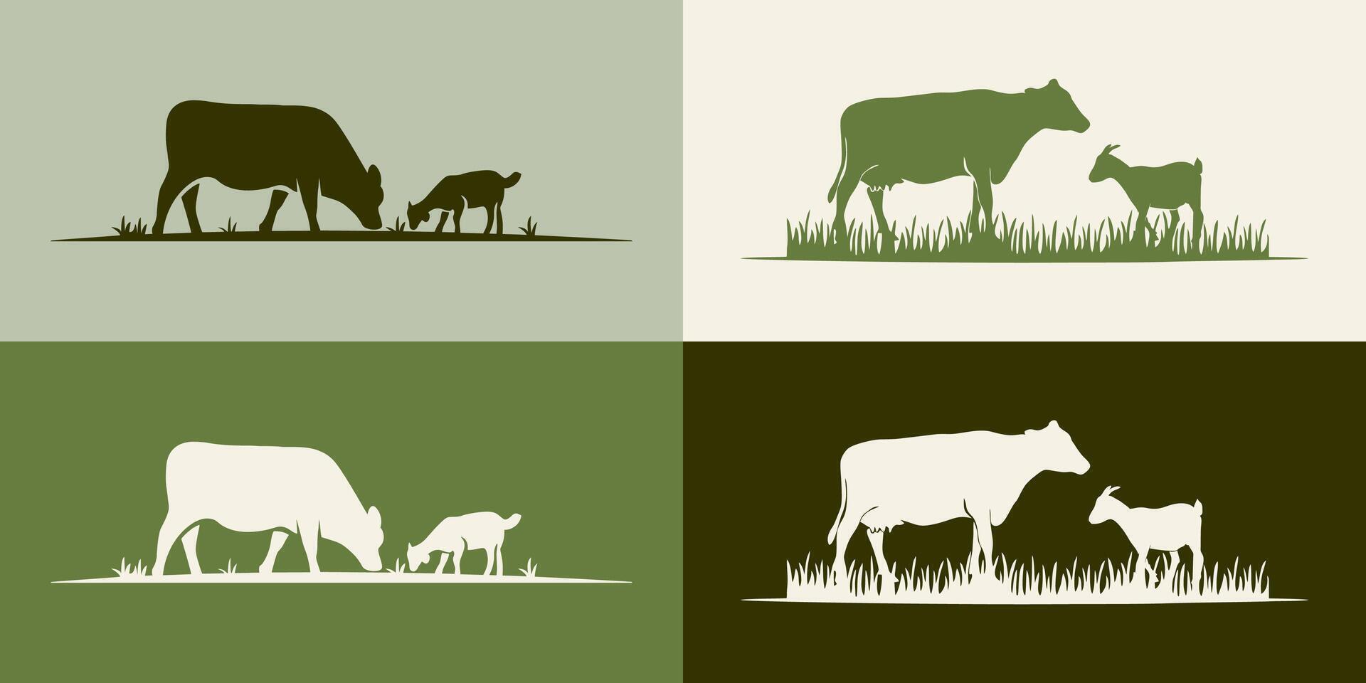 bétail angus vache, mouton, chèvre et herbe silhouette bétail ferme logo conception vecteur