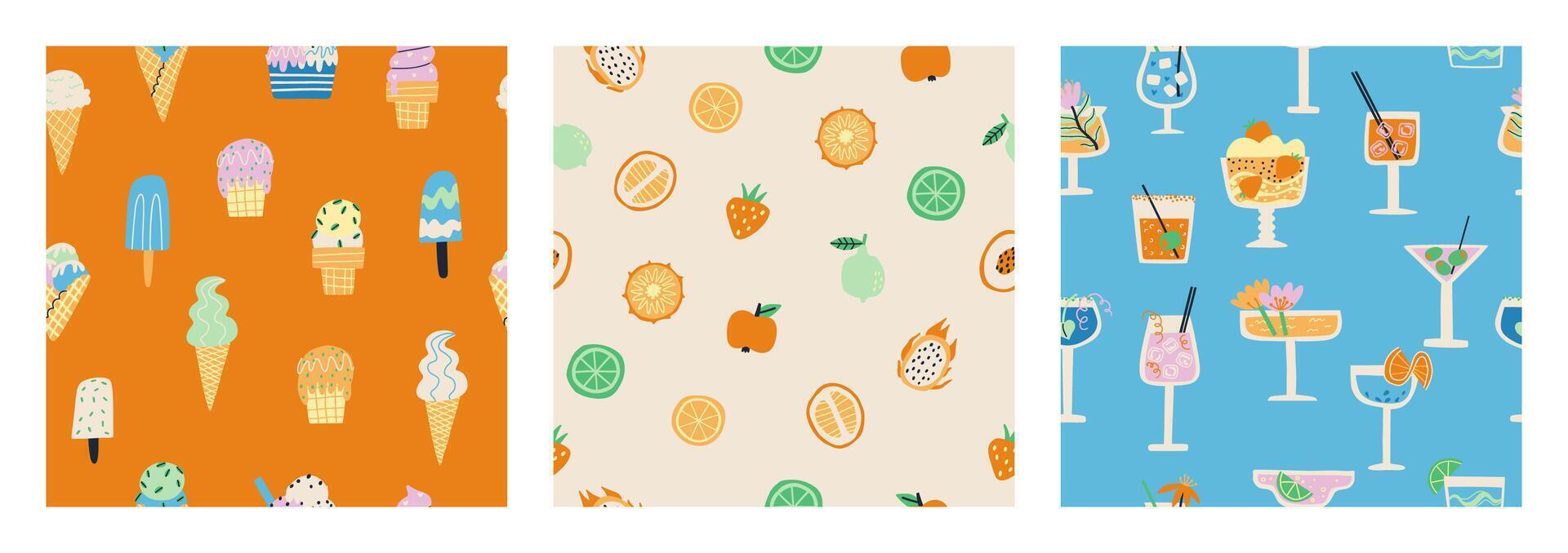 ensemble de sans couture motifs avec une été ambiance. la glace crème, boissons, fruit. vecteur plat illustration. conception pour en tissu et plus.