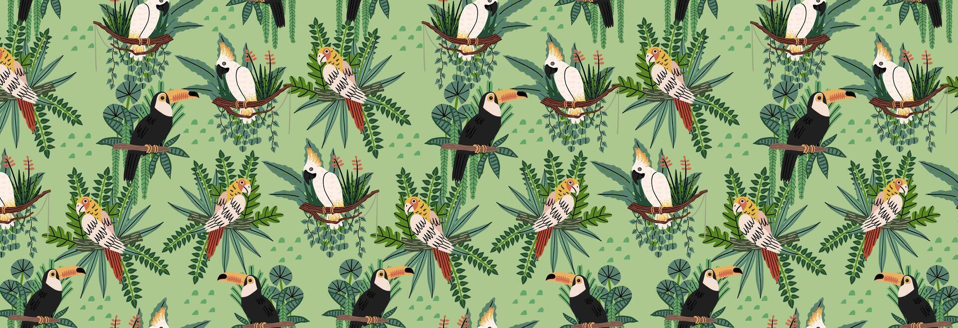 sans couture modèle avec tropical des oiseaux et perroquets. vecteur illustration dans plat style. conception pour en tissu etc