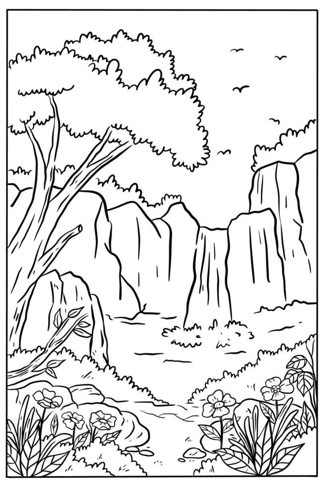 paysage coloration page vecteur pour adulte