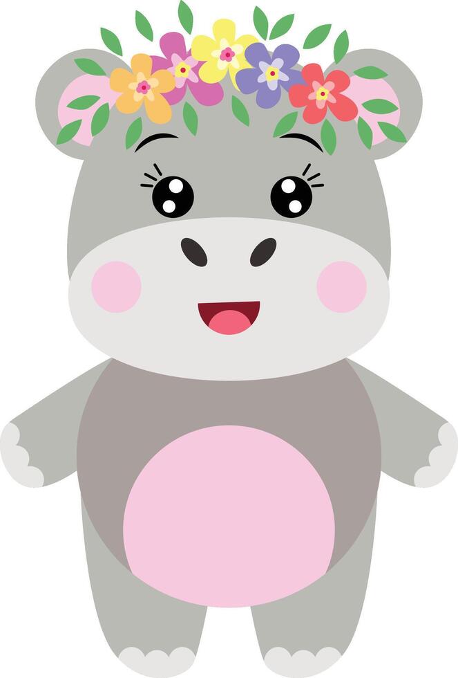 adorable hippopotame avec couronne floral sur tête vecteur