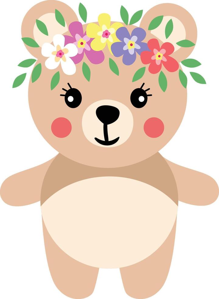 adorable nounours ours avec couronne floral sur tête vecteur