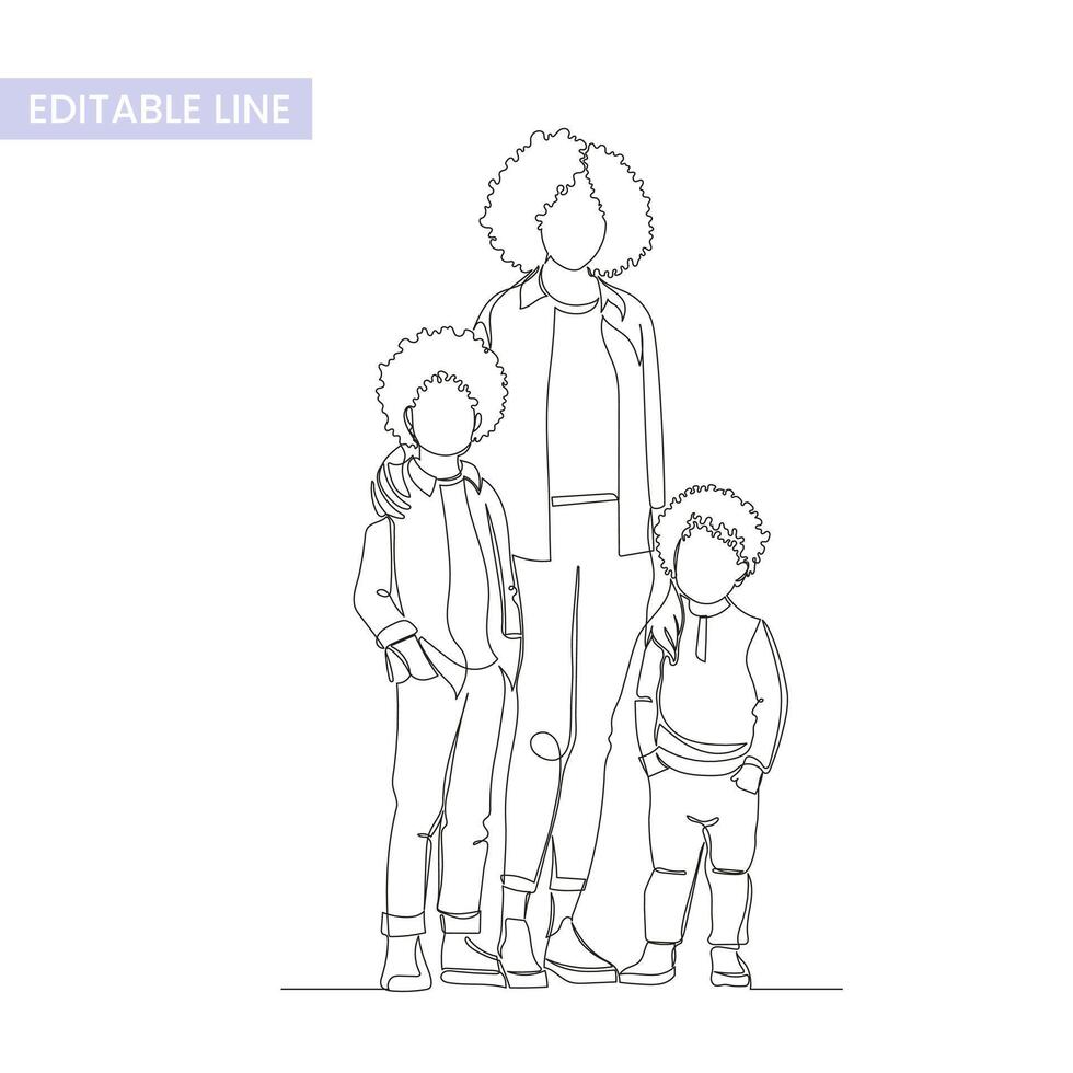 un Célibataire interminable ligne Célibataire parent famille groupe portrait, Facile continu contour, moderne branché style, vecteur illustration isolé sur blanche. Célibataire mère et deux des gamins