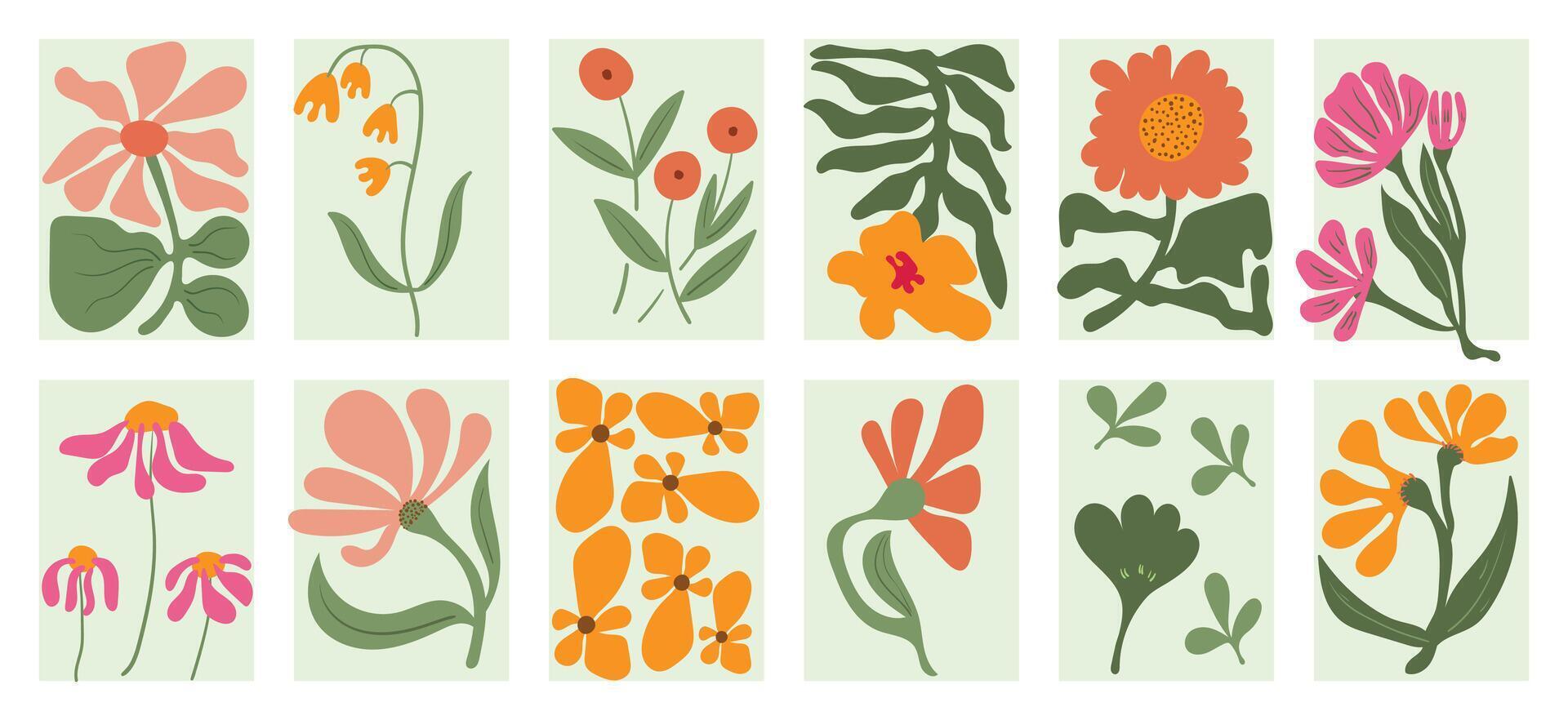 botanique griffonnage Contexte vecteur ensemble. fleur et feuilles abstrait forme griffonnage art conception pour imprimer, fond d'écran, clipart, mur art pour Accueil décoration.