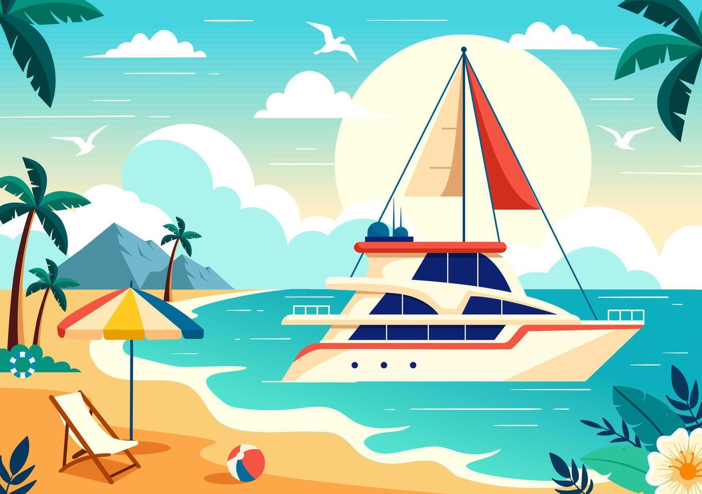 yachts vecteur illustration avec ferries cargaison bateaux et navire voilier de l'eau transport à le plage dans le coucher du soleil plat dessin animé Contexte