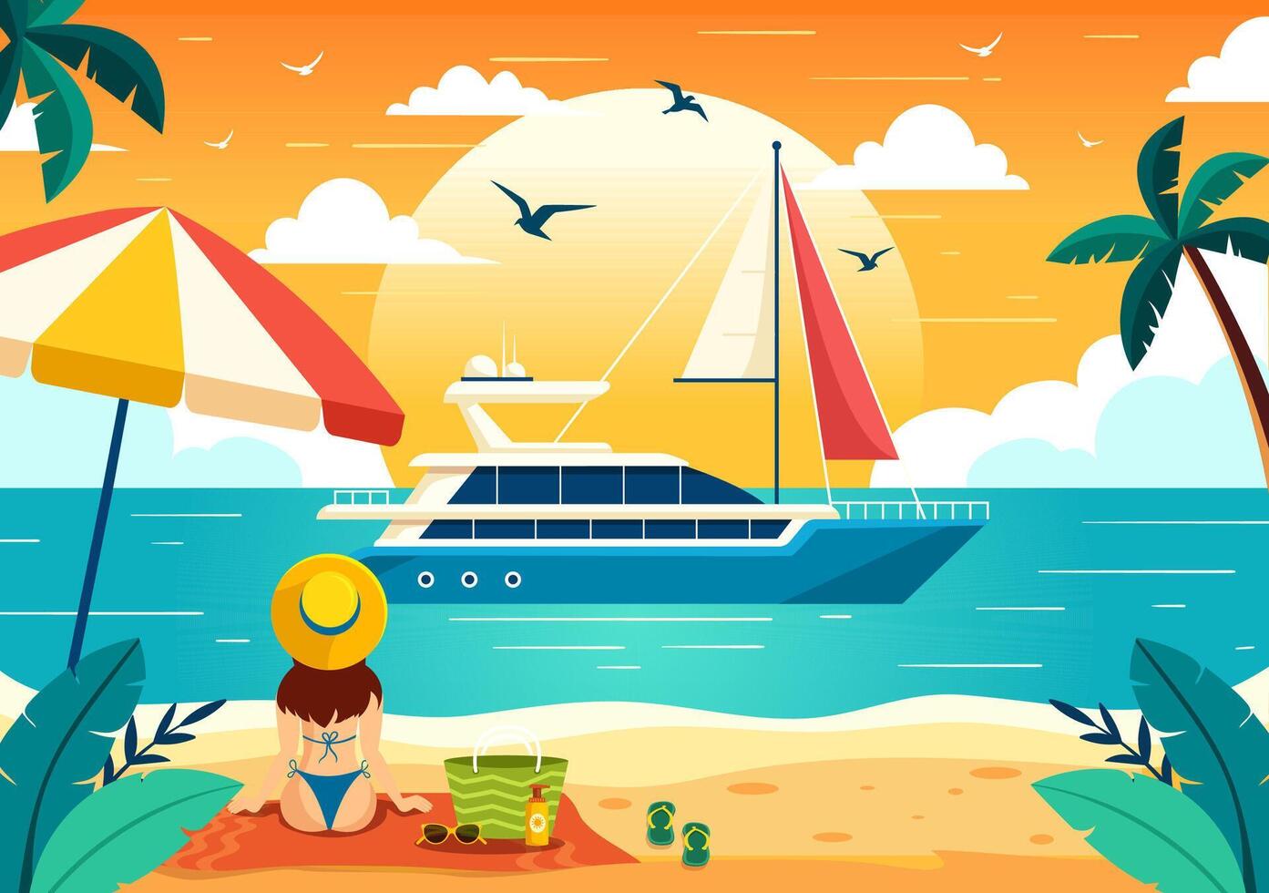 yachts vecteur illustration avec ferries cargaison bateaux et navire voilier de l'eau transport à le plage dans le coucher du soleil plat dessin animé Contexte