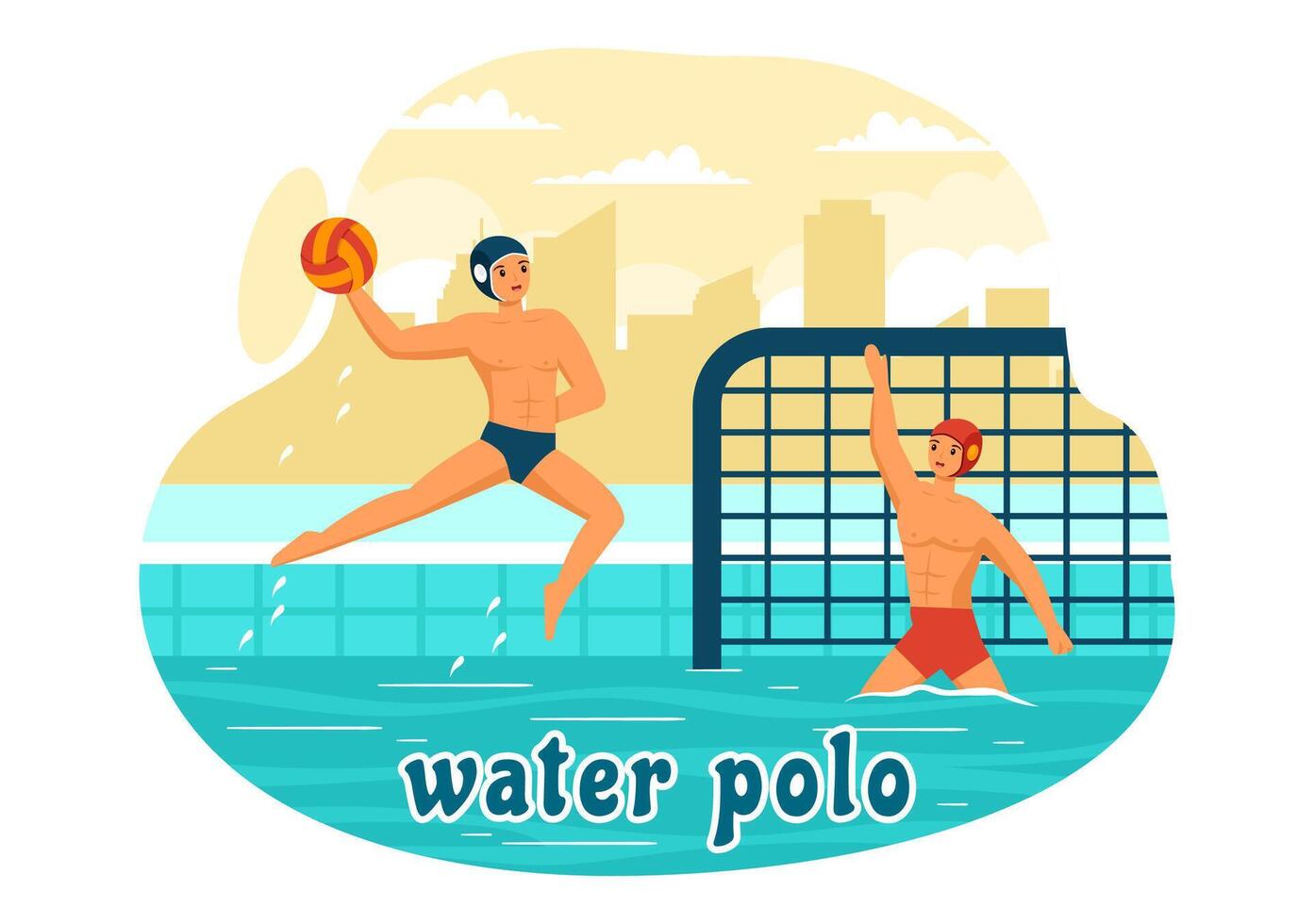 l'eau polo sport vecteur illustration avec joueur en jouant à jeter le Balle sur le de l'adversaire objectif dans le nager bassin dans plat dessin animé Contexte