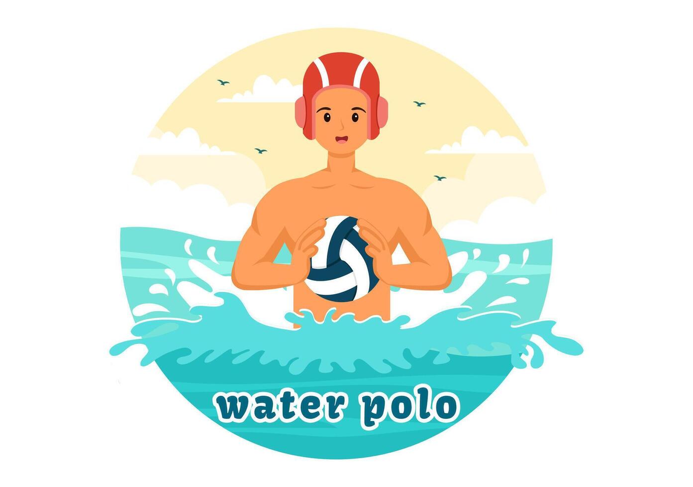 l'eau polo sport vecteur illustration avec joueur en jouant à jeter le Balle sur le de l'adversaire objectif dans le nager bassin dans plat dessin animé Contexte