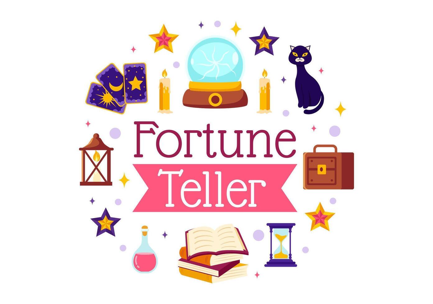 fortune caissier vecteur illustration avec cristal balle, la magie livre ou tarot pour prédit sort et récit le futur concept dans plat dessin animé Contexte