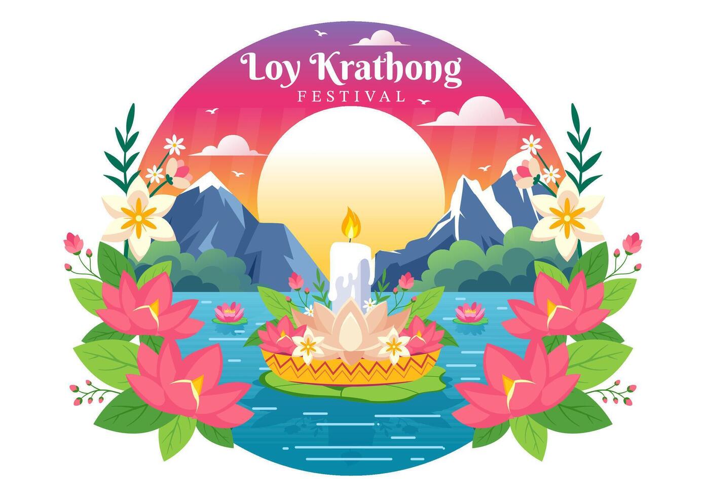 loy Krathong vecteur illustration de Festival fête dans Thaïlande avec lanternes et Krathongs flottant sur l'eau conception dans plat dessin animé Contexte