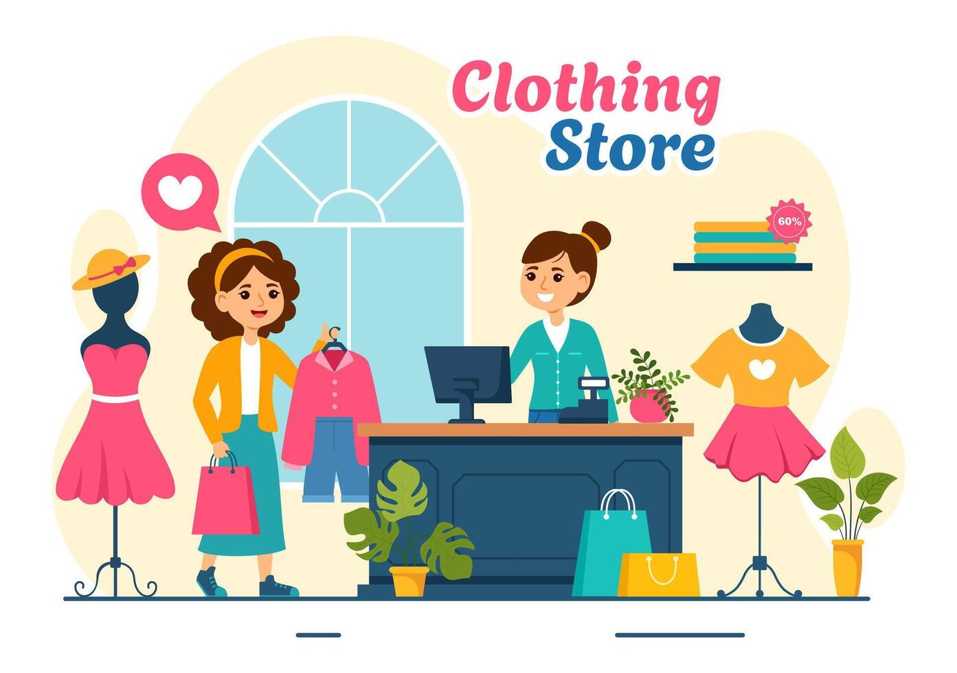 Vêtements boutique vecteur illustration par achats pour vêtements ou Robes pour mode modes femmes ou Hommes dans plat dessin animé Contexte conception