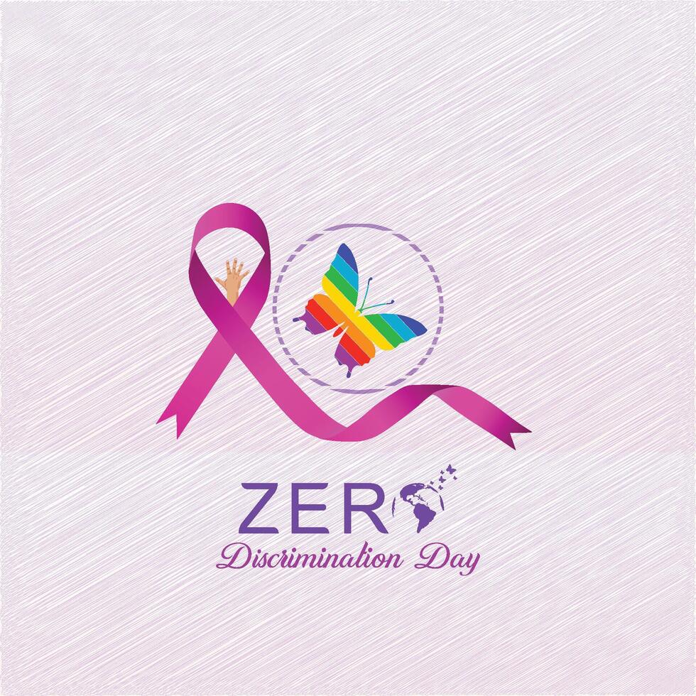 zéro la discrimination journée affiche, avec. arc-en-ciel, papillons. coloré, typographie, et. symbole, vecteur, 1 mars, social médias Publier vecteur