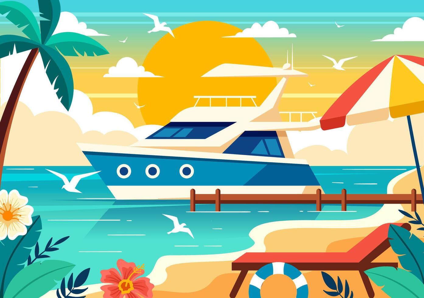 yachts vecteur illustration avec ferries cargaison bateaux et navire voilier de l'eau transport à le plage dans le coucher du soleil plat dessin animé Contexte