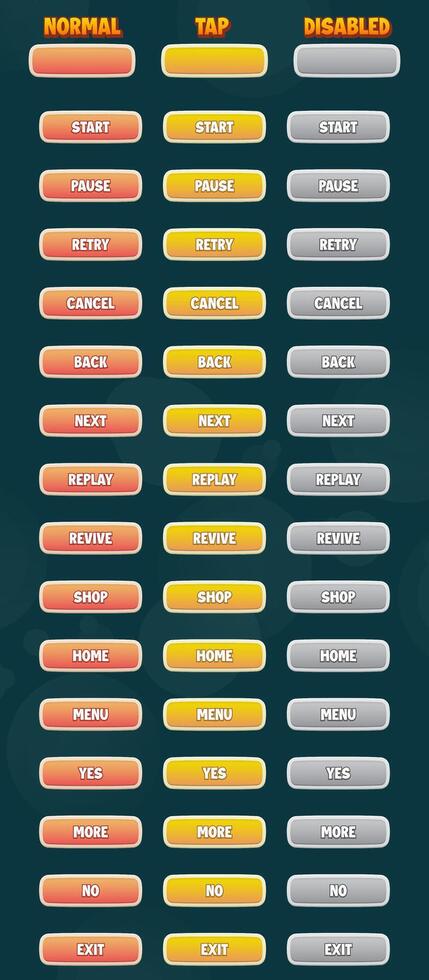 gros ensemble de boutons dans dessin animé style avec modifiable texte effet pour Jeu ui. bouton avec Trois vues normal, robinet, désactivé. tout des dossiers sont groupé et bien organisé. vecteur
