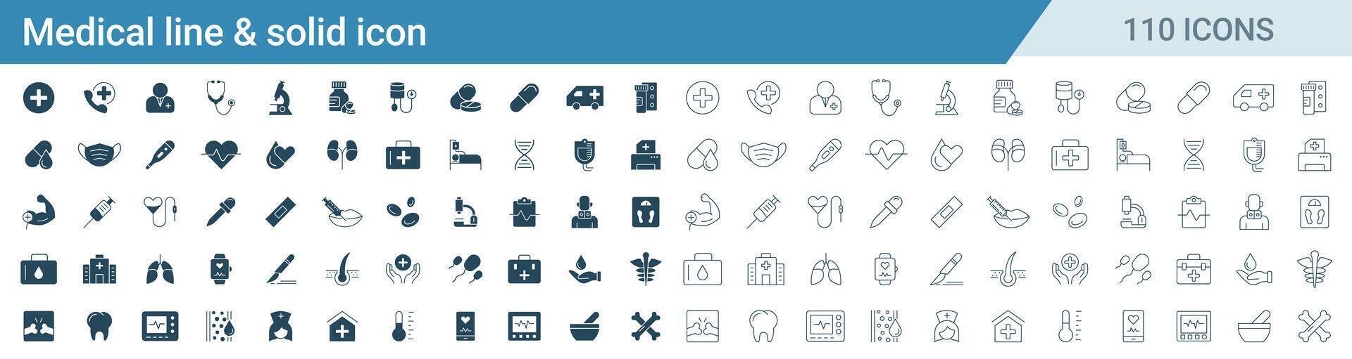 ensemble de médical et soins de santé ligne et solide Icônes vecteur. Icônes tel comme médecine, injection, radiographie, os, dent, et hôpital illustration vecteur