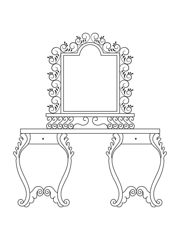 pansement table et autre meubles. pansement pièce dans contour style. intérieur pièce avec miroir vanité maquillage et accessoires. vecteur illustration.