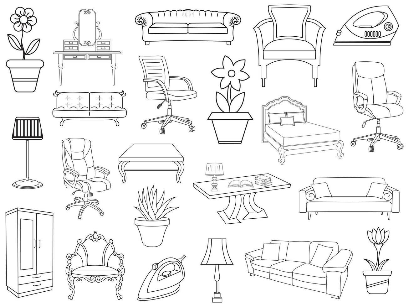 collection de élégant moderne meubles et Accueil intérieur décorations de branché. cuisine, chambre à coucher, canapé tableau, bibliothèque placard, chaise, matelas, les lampes, meubles vecteur illustration ensemble.