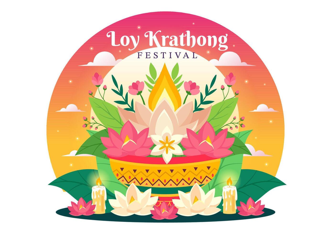 loy Krathong vecteur illustration de Festival fête dans Thaïlande avec lanternes et Krathongs flottant sur l'eau conception dans plat dessin animé Contexte