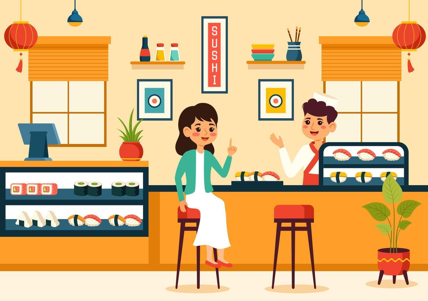 Sushi bar vecteur illustration de Japon asiatique nourriture ou restaurant de sashimi et riz pour en mangeant avec soja sauce et wasabi dans plat dessin animé Contexte